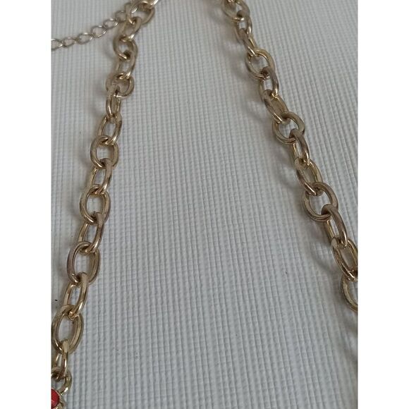 Red & Gold Toned Rhinestone Encrusted Flower Shaped Pendants Statement Necklace - Picture 7 of 11